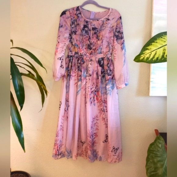 Feminine Fairycore Silk Floral and Butterfly Pastel Purple Whimsical Midi Dress - Picture 5 of 13